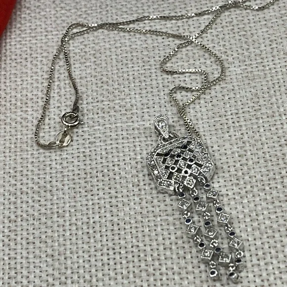 Technibond Platinum Sterling Silver & Blue Sapphire CZ Pendant Necklace - Picture 7 of 17